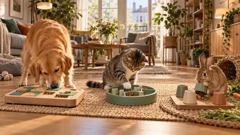 Dog, cat, and rabbit using species-appropriate puzzle feeders