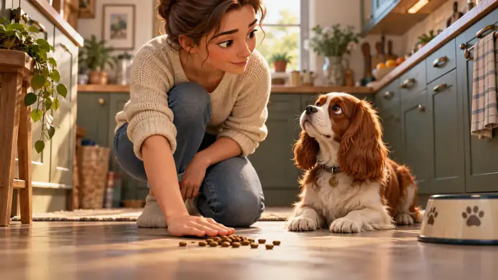 An owner covers pieces of kibble with one hand on a tiled floor while a spaniel looks upward instead of reaching for the food.