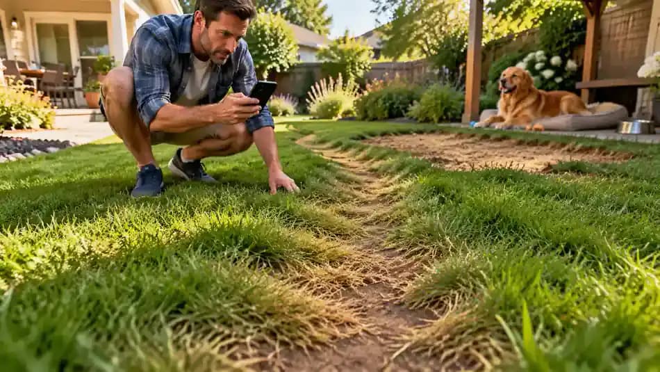 Homeowner noting a worn footpath and a separate discolored lawn patch near a dog resting area in a suburban backyard.