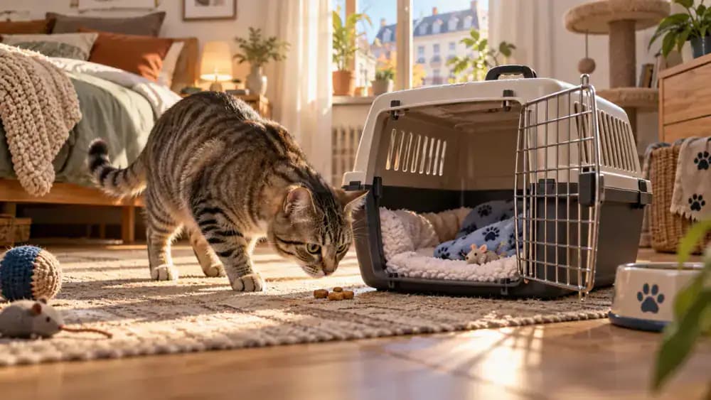 Tabby cat voluntarily investigating an open hard-sided carrier containing soft familiar bedding