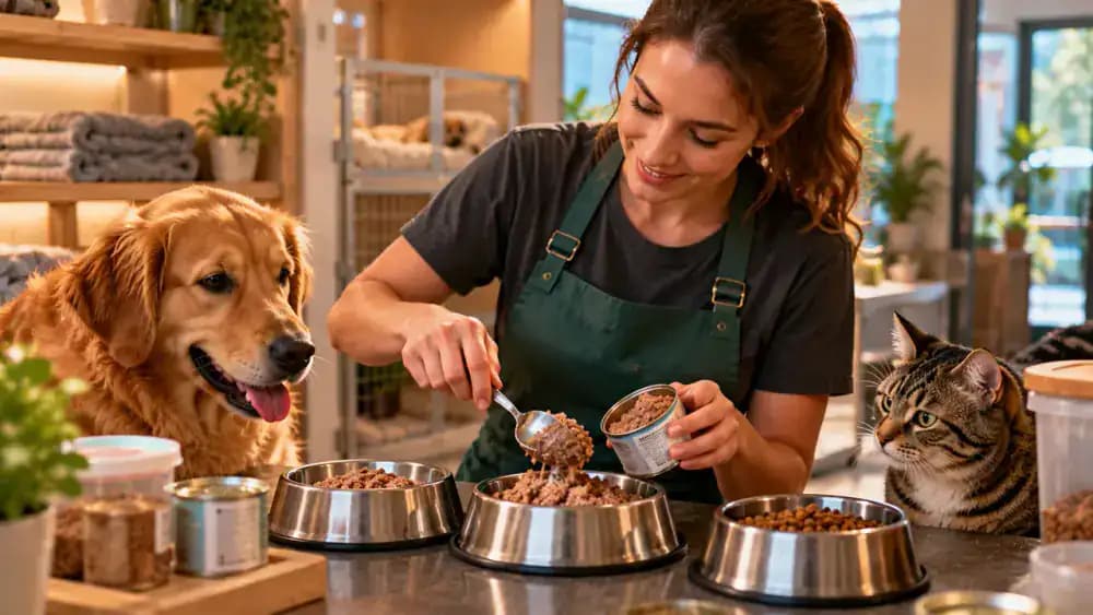 Boarding caregiver preparing labeled refrigerated wet food in a clean kitchen, another staff member feeding a dog separately, and an untouched meal being recorded on a daily feeding chart.