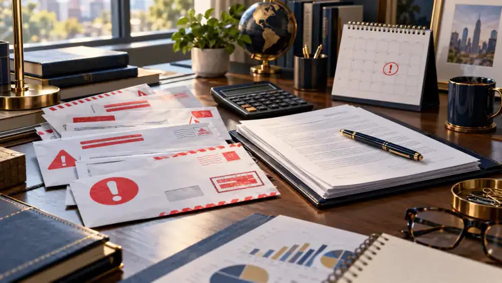 Past-due loan notices arranged beside a contract