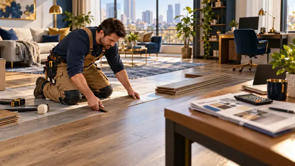 Contractor installing new laminate flooring in a well-maintained rental apartment during a property renovation.