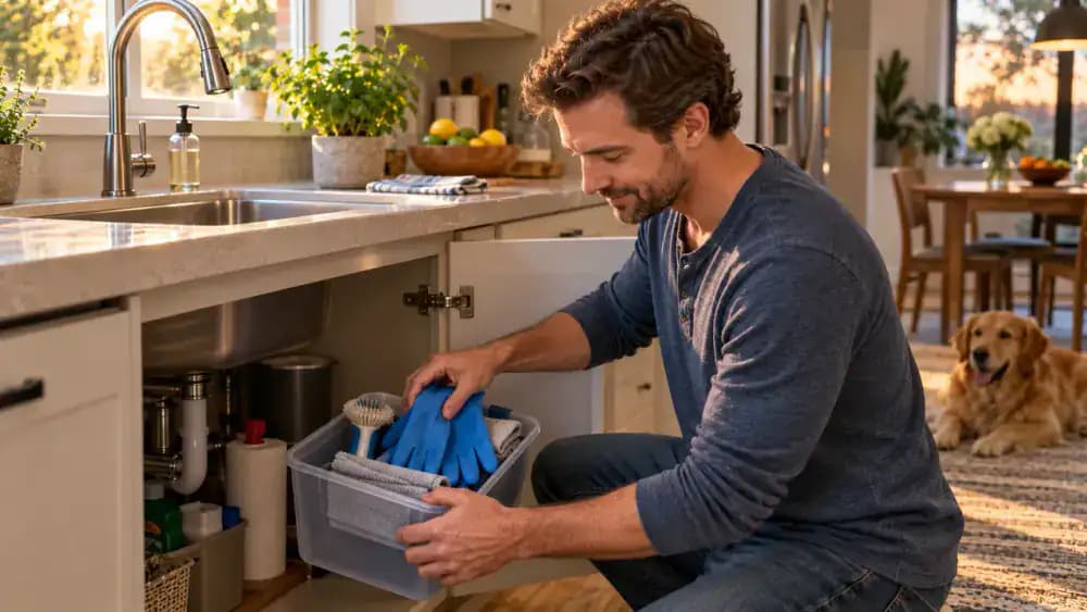 Homeowner storing a cleaning brush, cloth, and gloves away from a cleared kitchen sink while visually checking that the garbage disposal opening is empty and unobstructed.