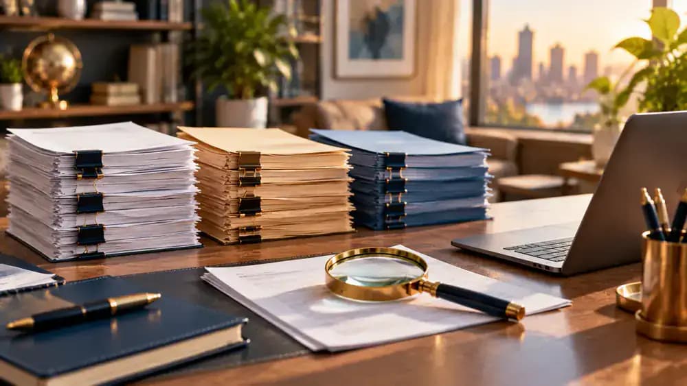 Three stacks of credit report documents arranged beside a laptop and magnifying glass.