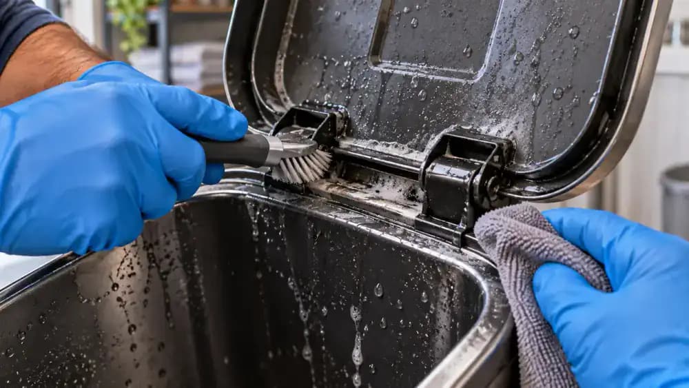 Gloved person detail cleaning trash can lid attachment points, hinge grooves, inner rim, and narrow edges with a soft brush and microfiber cloth.