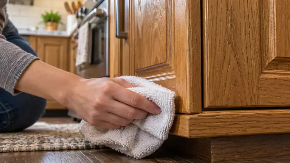 Close-up, low-angle view of an open satin-finished oak kitchen cabinet door as a hand uses a folded cream-colored cotton towel to dry the lower corner, bottom edge, and hinge-side joint.