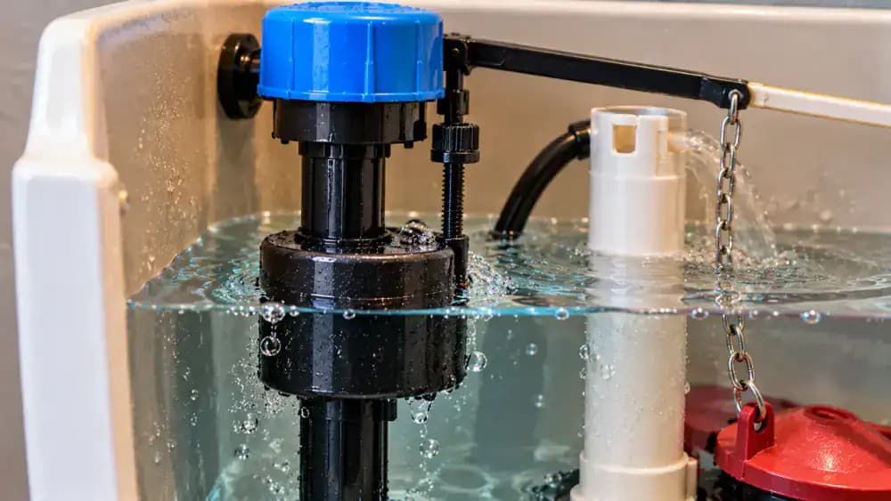 Close-up of a cylindrical toilet float cup rising along the fill valve shaft inside an open white toilet tank, with a separate view showing a traditional ball float attached to a metal arm.