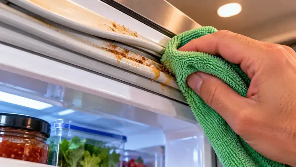Close-up of a hand using a lightly dampened microfiber cloth with diluted mild dish soap to gently remove dried amber-colored sticky food residue from the upper rubber gasket of an open refrigerator door.