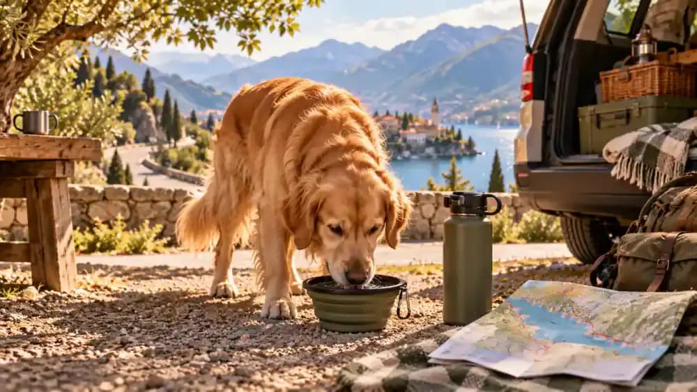 Dog drinking from a portable bowl beside a large water bottle at a shaded roadside stop