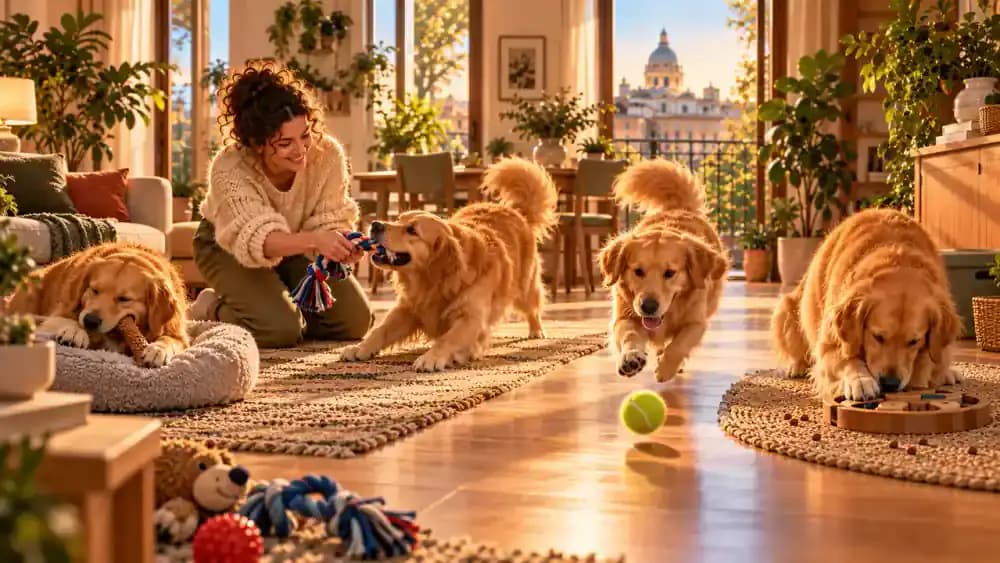 Dog chewing, playing tug, fetching, and using a food puzzle
