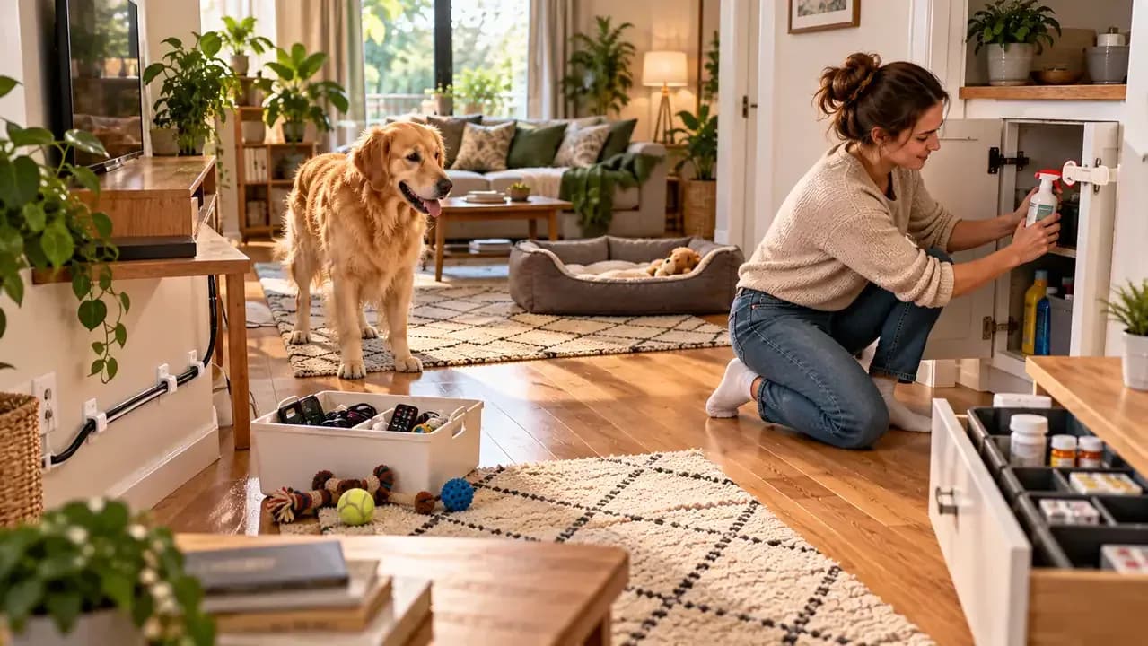 Owner securing cords medications cleaning products and small objects in a dog resting room