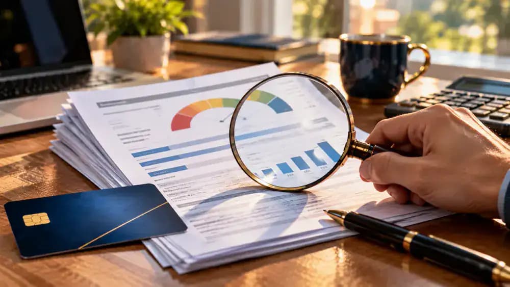Magnifying glass examining a generic credit report beside a pen, representing a late payment dispute.
