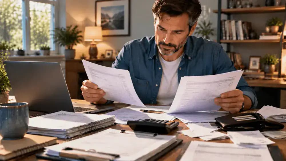 Taxpayer comparing financial paperwork beside a calculator and wallet.
