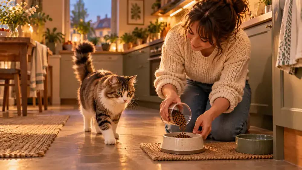Cat receiving a measured food portion after play