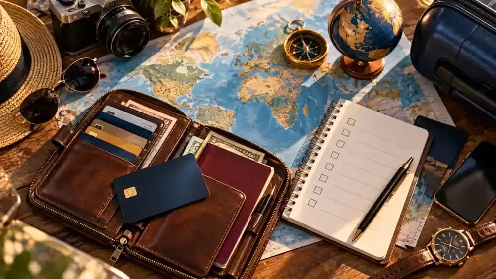 Several unbranded travel credit cards beside a calculator and travel wallet, illustrating comparisons of annual fees and benefits.