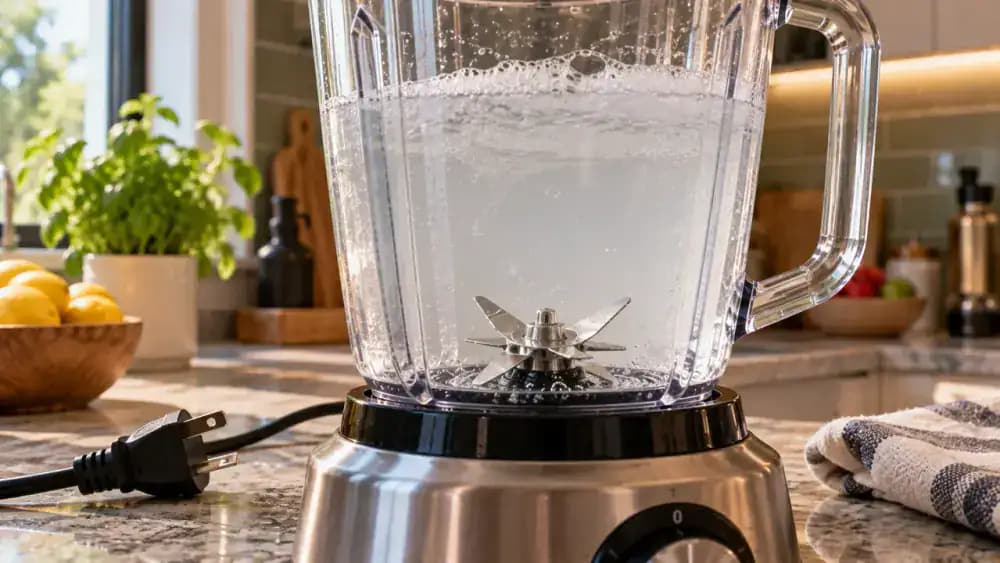 Close-up of an adult switching off a blender and unplugging its power cord after a self-clean cycle, with cloudy soapy water settling inside the sealed transparent jar and stationary stainless steel blades visible.
