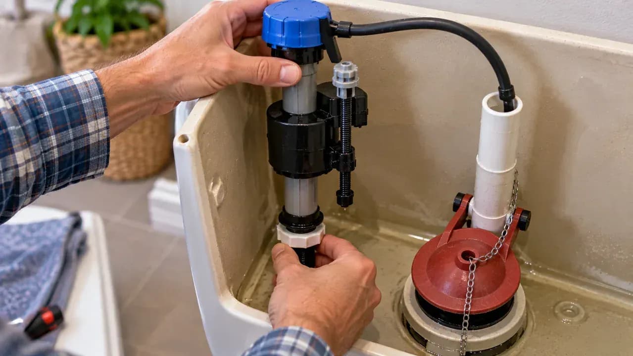 Close-up behind an open, drained toilet tank showing an old fill valve being removed and a compatible replacement valve positioned vertically while the plastic retaining nut is tightened by hand.
