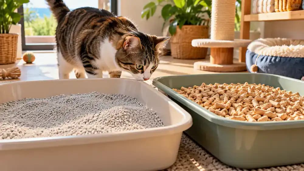Close-up comparison of fine, coarse, and pellet-style cat litter in separate shallow dishes, with two identical litter boxes containing familiar and alternative litter as a curious cat investigates both options.