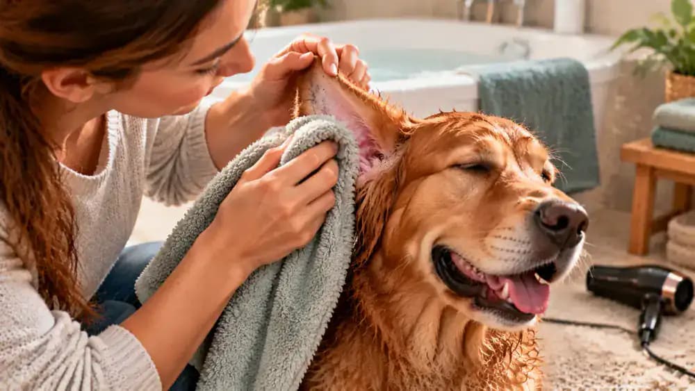 Owner wrapping a dog in a fluffy towel beside a bathtub and gently dabbing the outer ear flap while a switched-off hair dryer remains safely away.