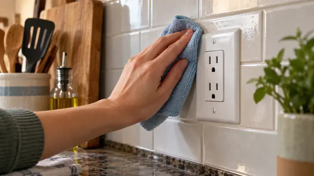 Close side view of a greasy backsplash seam and outlet cover being carefully wiped with a lightly damp microfiber cloth while power to the area is switched off