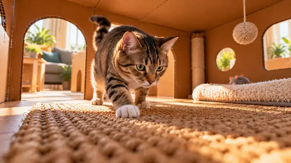 Close-up of an owner placing a flat, washable, nonslip fabric square inside a spacious cardboard maze chamber, followed by a tabby cat testing the smooth surface with its paws.