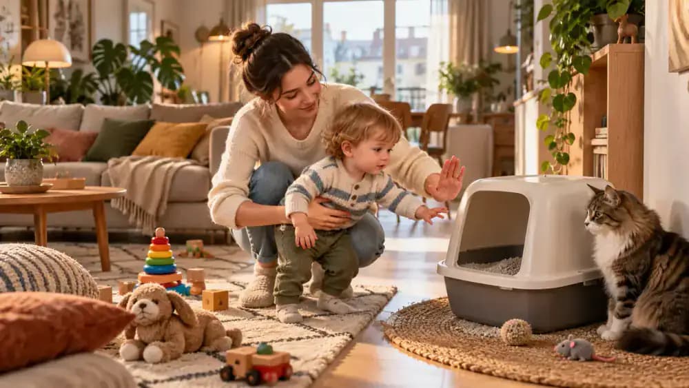 Toddler playing with colorful building blocks near a cat's litter box as an adult gently redirects the child, followed by a separate litter area protected by a secure gate.