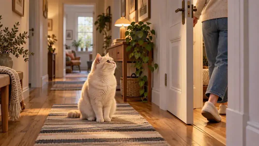 Fluffy cream-colored cat sitting calmly on a striped mat as its owner gradually opens an interior hallway door and practices stepping through.