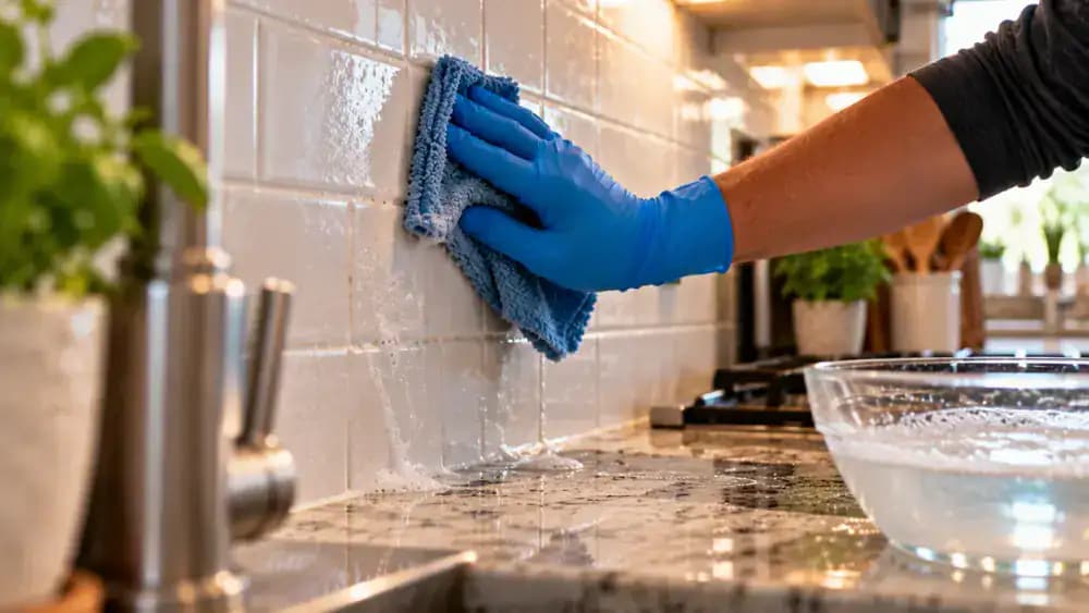 Countertop-level view of blue-gloved hands rinsing soap residue from cream ceramic kitchen backsplash tiles with a damp green microfiber cloth, then drying the surface with a white microfiber cloth while dark grease remains in the grout lines.