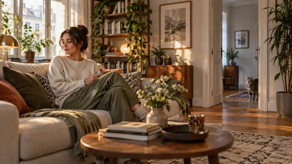 Gray tabby cat watching from a distant bedroom doorway while a female visitor sits sideways on a living room sofa, looking toward a coffee table, with the relaxed owner nearby.