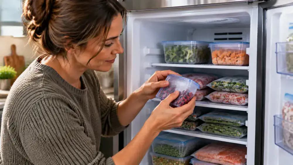 Homeowner checking sealed food containers and frozen packages inside an organized freezer before closing the door