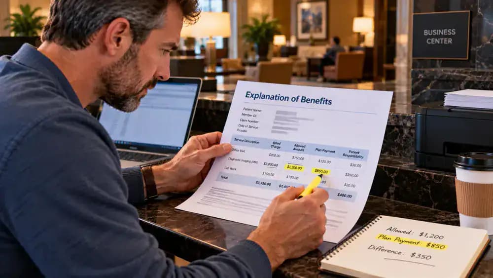 Adult at a hotel business center marking the Plan Payment row showing $850 on a fictional Explanation of Benefits and comparing it with an Allowed Amount of $1,200.