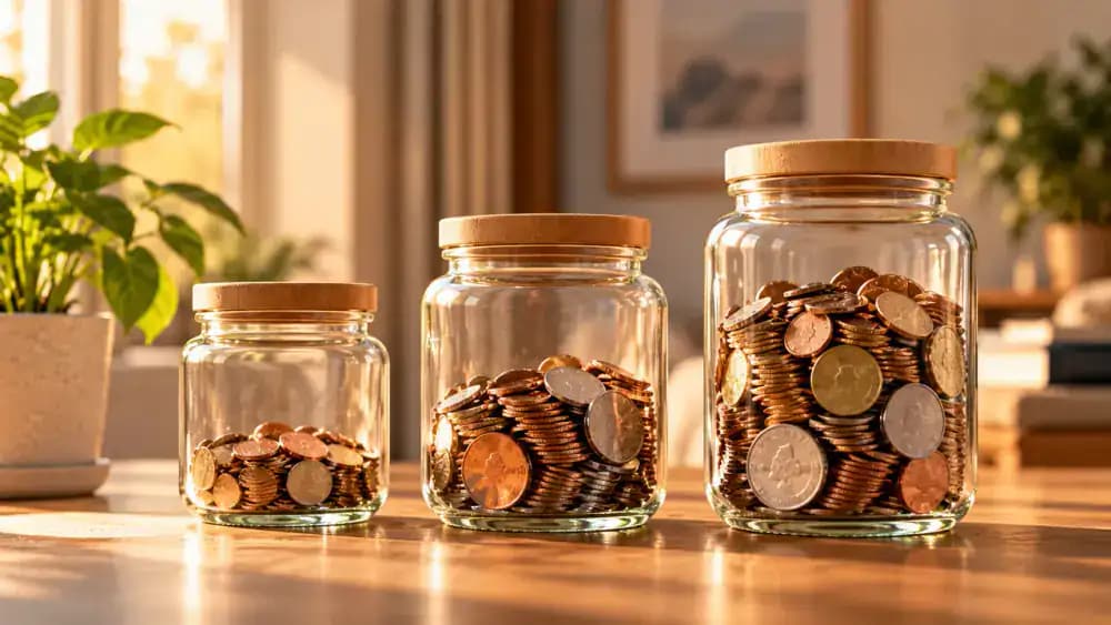 Three different-sized glass savings jars containing progressively larger amounts of coins.