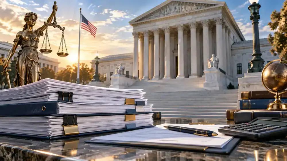 Federal regulatory documents beside a courthouse