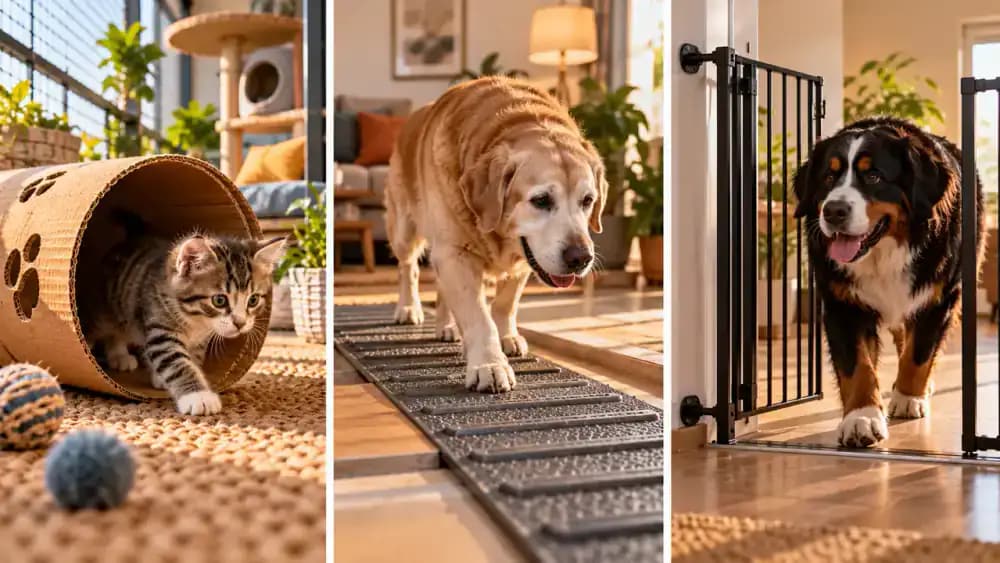 Three-panel comparison showing a playful kitten exploring a cardboard tunnel, an older dog walking on a textured indoor mat, and a large dog pushing against a sturdy training gate, followed by a specialist reviewing enclosure requirements.