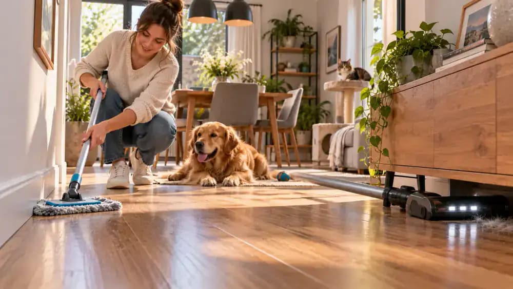 Owner removing pet hair from hardwood with microfiber mop and vacuum