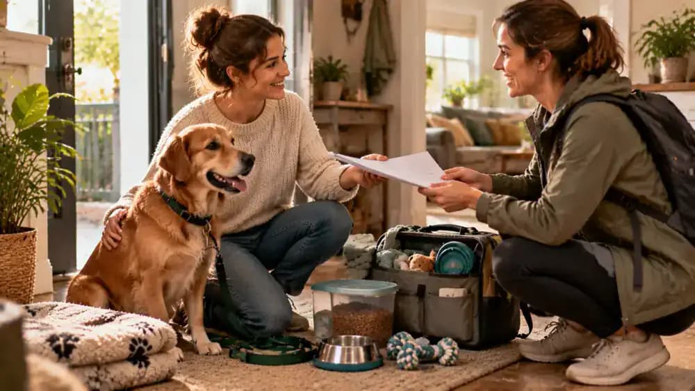 Pet owner reviews written feeding instructions and emergency contacts with a trusted sitter while a dog walker prepares a leash and a cat explores a food puzzle.