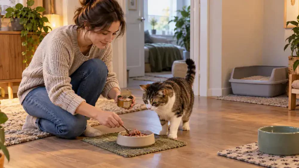 Stable shallow food bowl placed far from the litter box