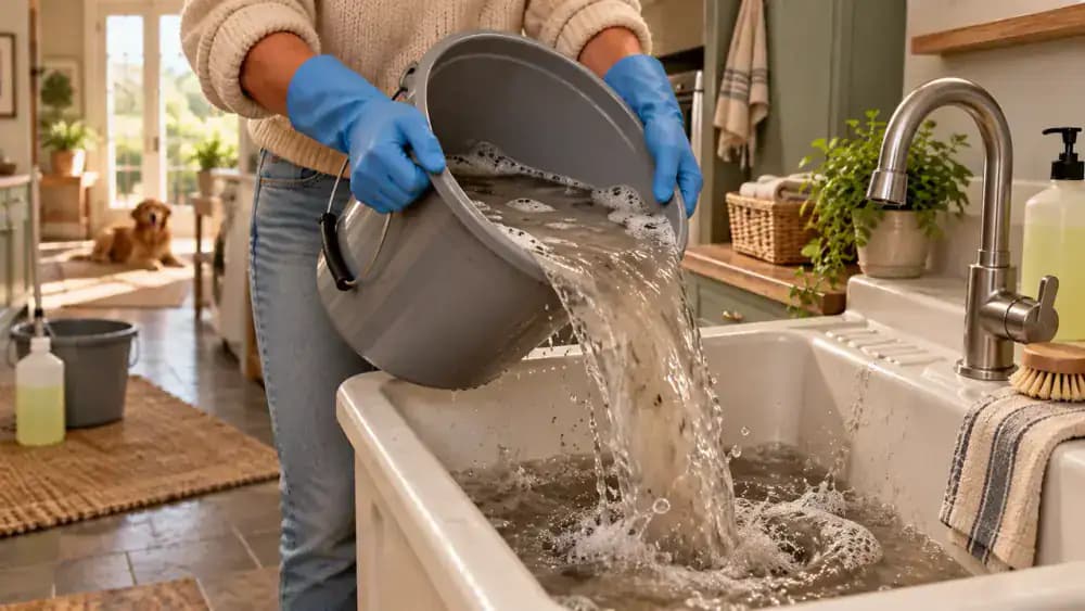 Gloved person replacing cloudy, oily cleaning water with fresh, properly diluted degreaser in a bucket beside a cleaned vinyl plank kitchen floor, with a microfiber mop nearby.