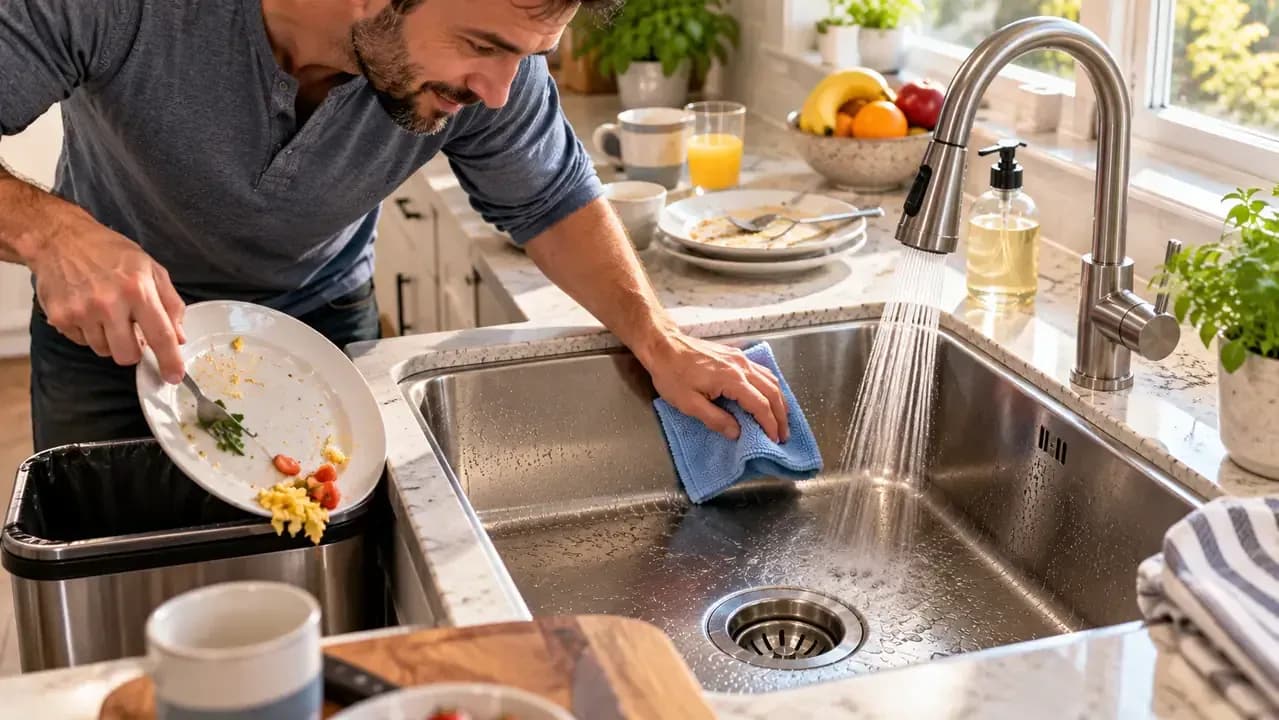 Adult homeowner removing food scraps, rinsing a stainless steel kitchen sink, and drying water droplets with a clean microfiber towel after everyday use.