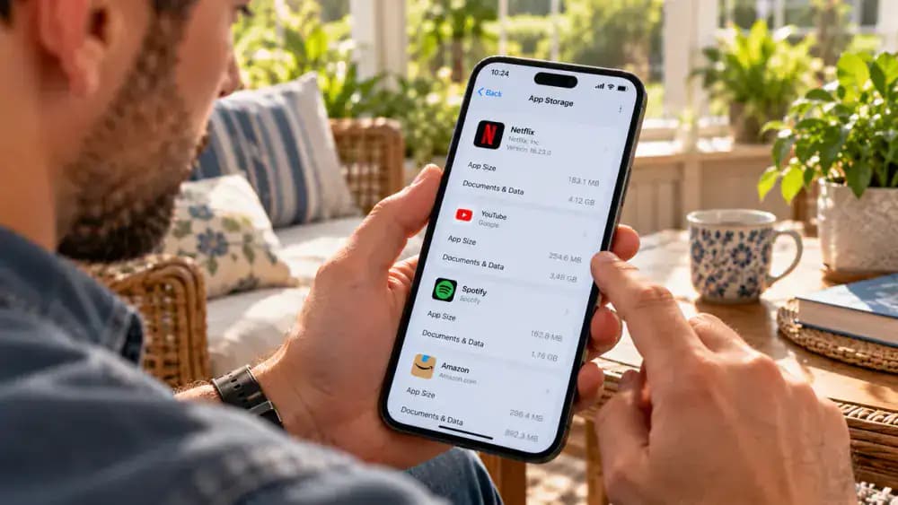 Adult reviewing iPhone storage settings on a smartphone, with a video editing app selected to compare its 5.2 GB app size against its stored documents and data.