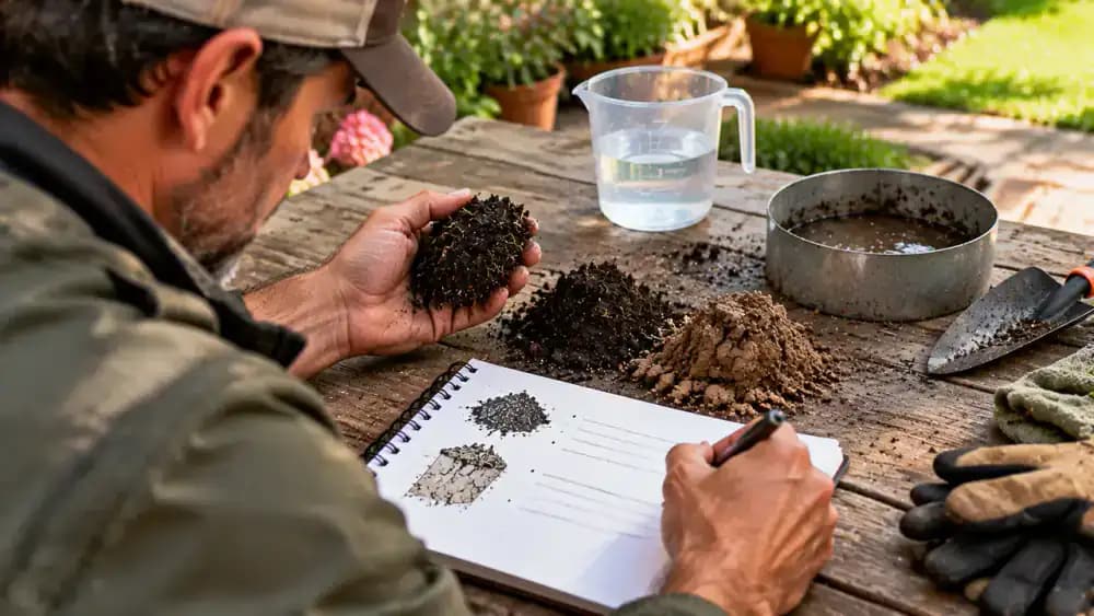 Over-the-shoulder view of a homeowner writing soil infiltration observations in a spiral notebook at a dry outdoor potting bench, with a shallow testing ring, measuring cup, and two soil samples of different textures in separate trays.