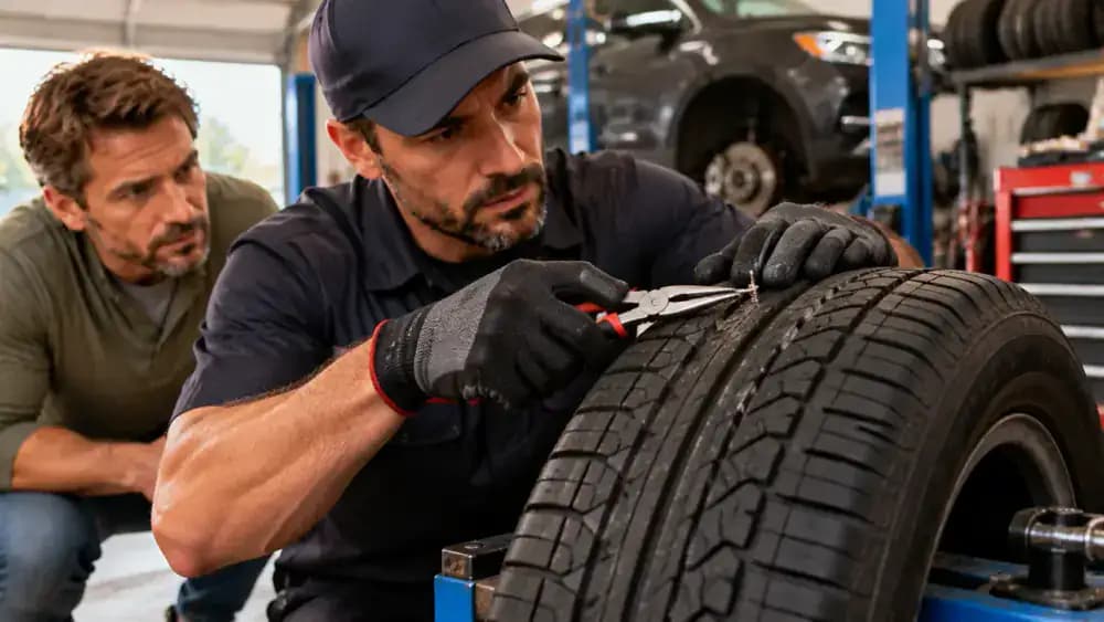 Professional tire technician using an inspection lamp to examine the tread of a removed car wheel with an embedded metal object while the vehicle owner discusses the inspection nearby.
