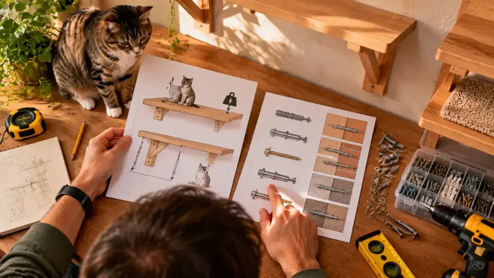 Cat owner reviewing a shelf's load rating and mounting instructions, comparing wall fasteners, and checking sturdy brackets and an installed platform for movement.