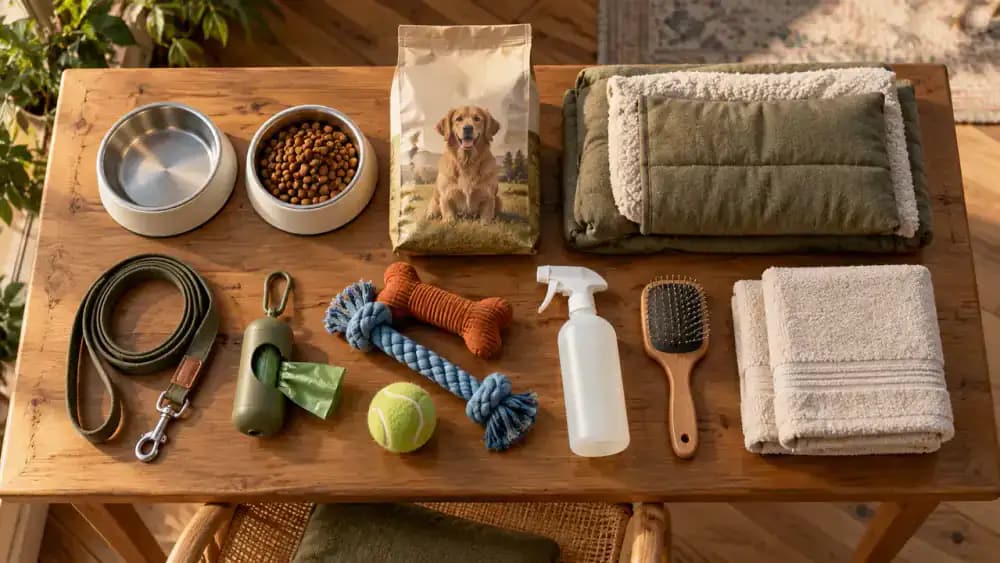 Essential dog supplies arranged neatly on a table