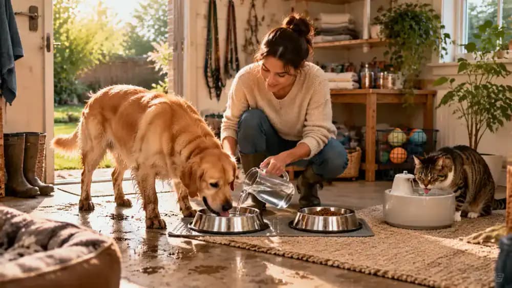 A Labrador drinking fresh water from a stainless steel bowl while an adult refills another bowl, with a tabby cat drinking from a ceramic pet fountain in a bright utility room.