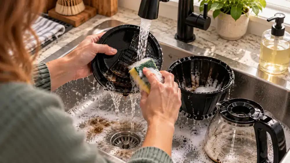 Hands washing a coffee maker brew basket and carafe lid with a soft sponge, cleaning narrow seams and underside channels before rinsing under running water