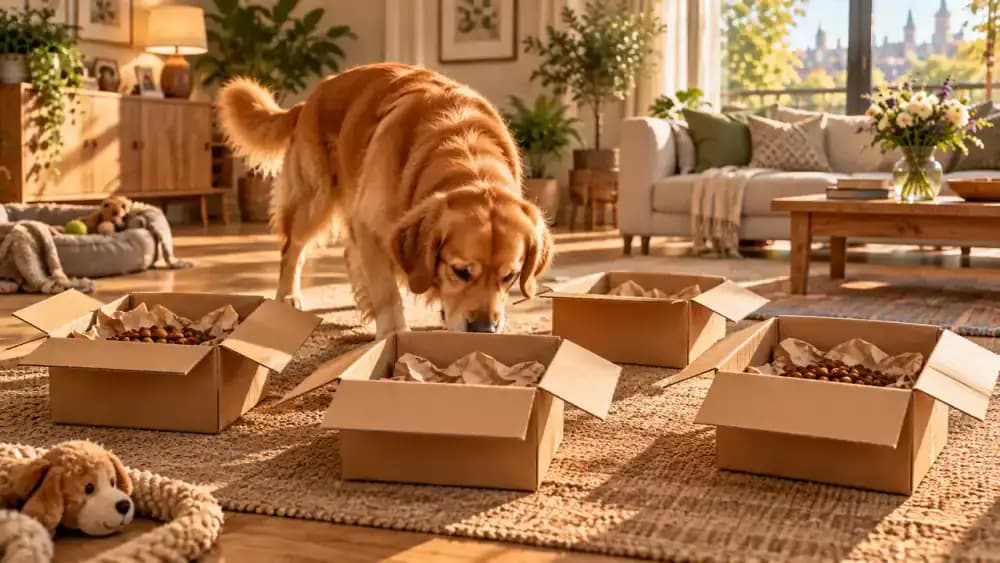 Dog checking several open cardboard boxes spaced around a room