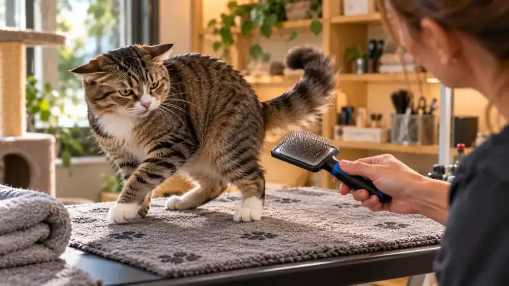 Domestic shorthair cat standing on a non-slip grooming mat with its ears turned backward and tail swishing as its owner lowers a brush to give it space.
