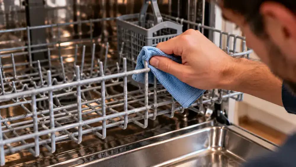 Close-up of a fully extended upper dishwasher rack as a person gently wipes chalky white mineral deposits from intact coated wire edges with a damp microfiber cloth, while a separate section shows chipped coating and exposed metal.